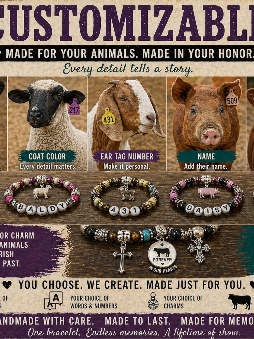 THREE Personalized Livestock Judging Bracelet Stack for Show Kids & Teams